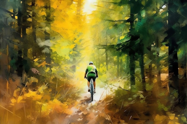 A cyclist riding through a forest