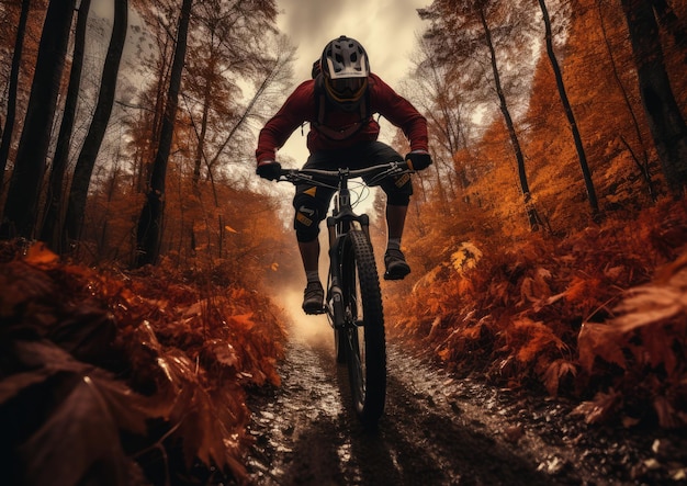 A cyclist riding through a trail adorned with autumn colors
