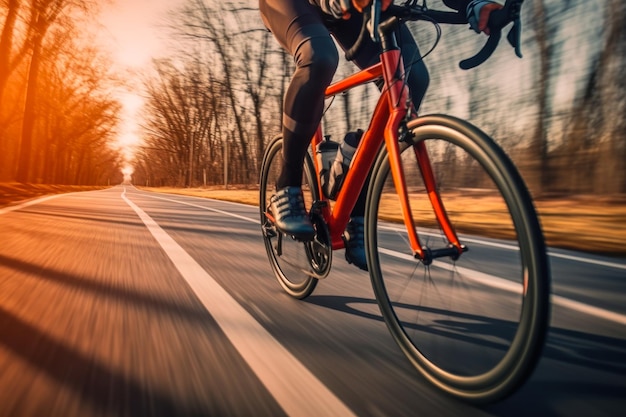 Cyclist on a road bike rides on a country road on a sunny morning generative ai