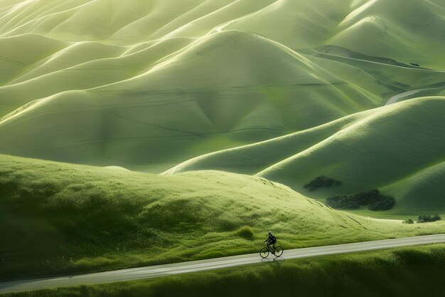 Foto ciclista sulla strada tra le verdi colline della toscana