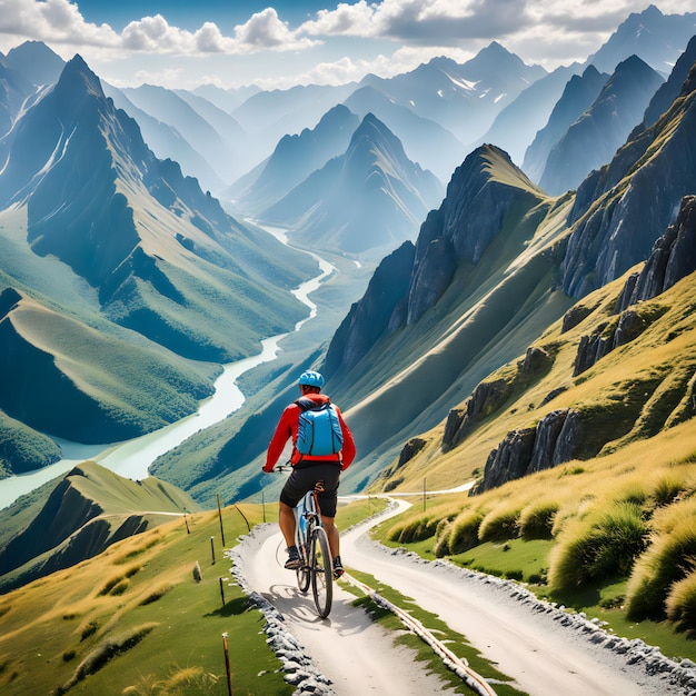 Cyclist on the road in the mountains Sport and active life concept