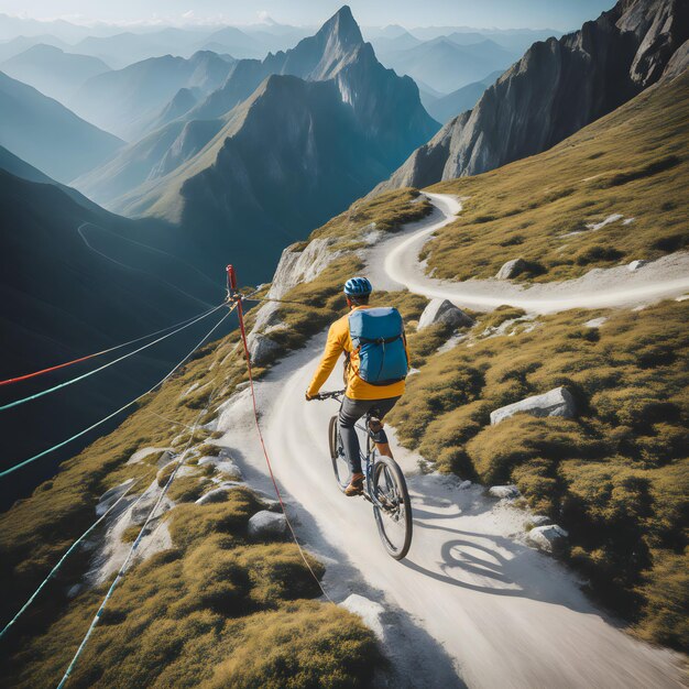 Cyclist on the road in the mountains