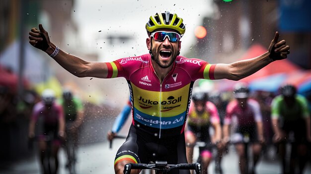 Photo cyclist's exuberant celebration after race win bright surroundings joy