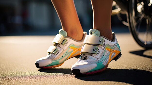 Cyclist's feet on colorful pedals