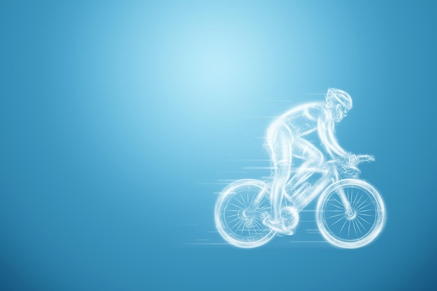 Cyclist side view white silhouette on a blue background Cycling race cycling competition 3D illustration 3D render copy space