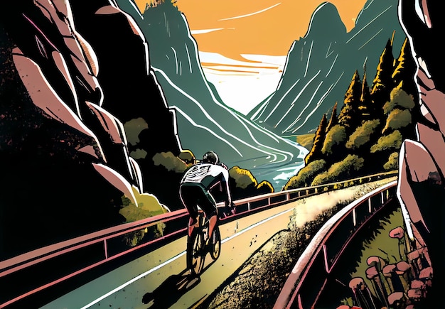 Cyclist on the track with mountains