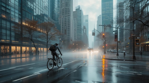 바쁜 도시 풍경에서 비가 내린 거리를 가로지르는 자전거 타는 사람 비는 장면에 반사적 인 품질을 추가합니다.