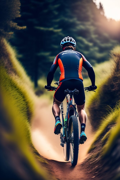 A cyclist with the number 1 on his back rides through a forest.