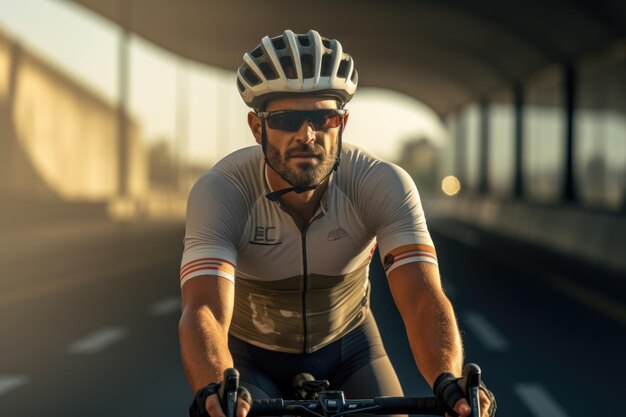 A cyclist with outdoor background