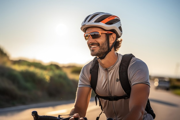 A cyclist with outdoor background