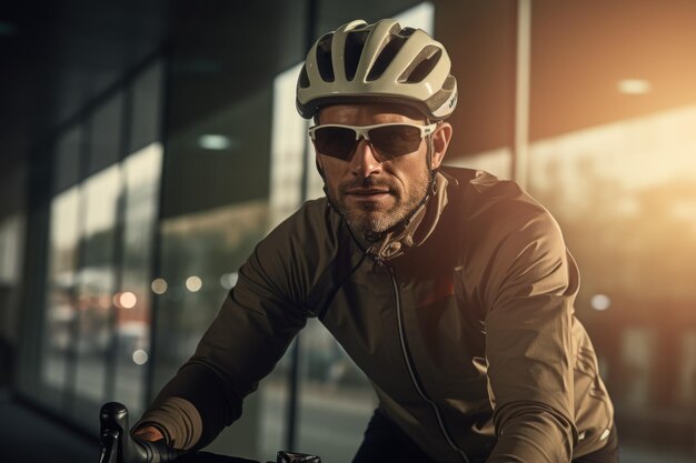 A cyclist with outdoor background