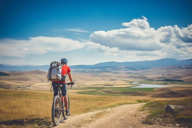 A cyclist with a red backpack on a background of blue sky