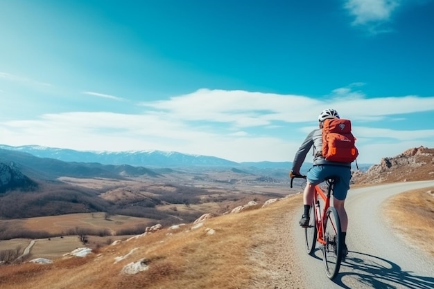 A cyclist with a red backpack on a background of blue sky