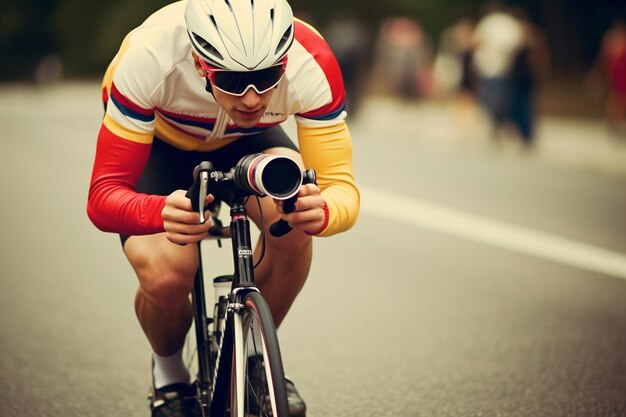 Cyclist with a vintage camera