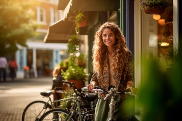 A cyclist woman in a coffee shop AI generative