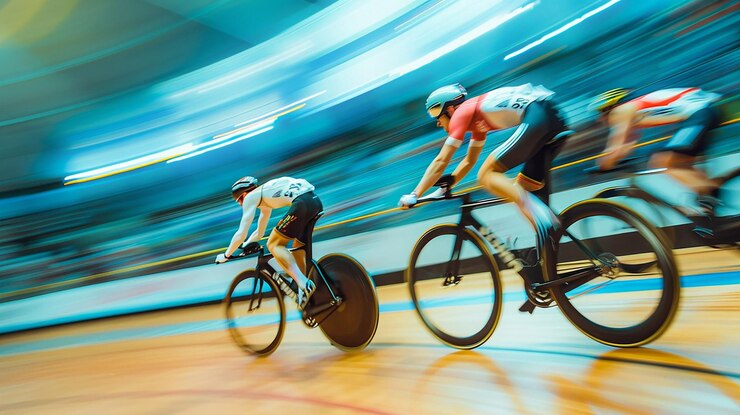 Cyclists in action at international track cycling event speeding on velodrome