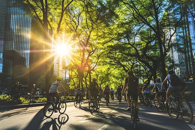 Cyclists commuting in an ecofriendly urban environment