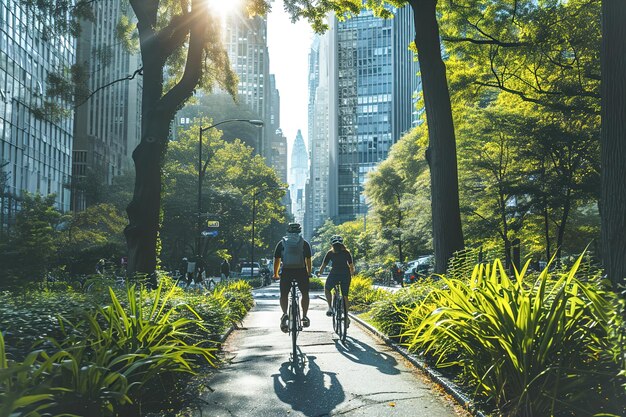 Cyclists commuting in an ecofriendly urban environment