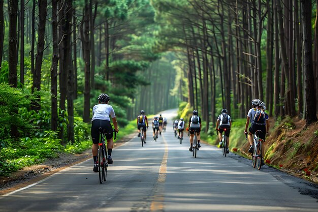 Photo cyclists cycling on the road in the forest at morning