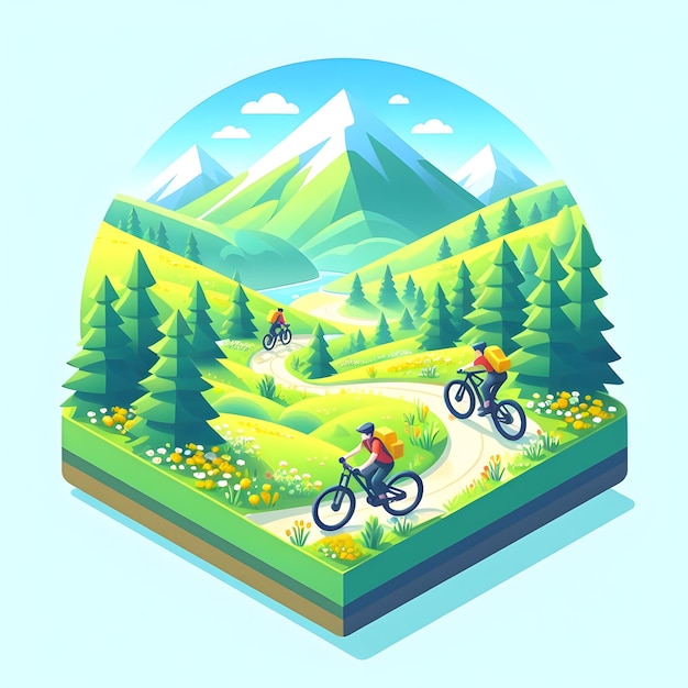 Foto ciclisti che si godono l'avventura in bicicletta in prato alpino con vedute panoramiche disegno piatto isometrico illustrati