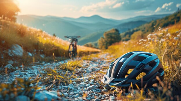 Cyclists helmet and bike on a scenic mountain trail