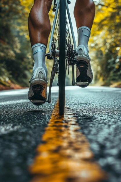 Cyclists legs in sleek cycling shoes pedal