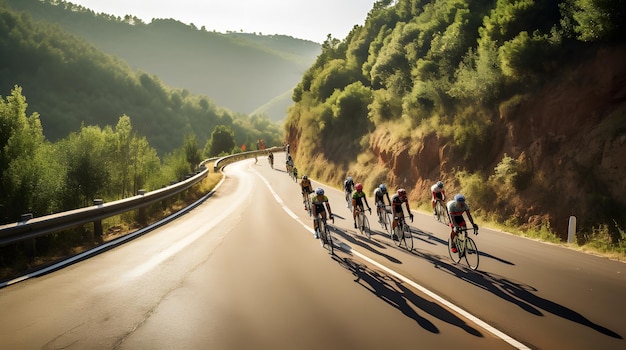 Foto ciclisti in una gara che scendono a velocità su una strada di montagna