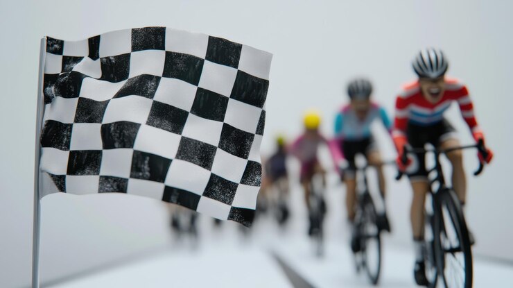 Photo 競争イベントでチェッカーの旗を焦点にしてフィニッシュラインに向かってレースするサイクリスト