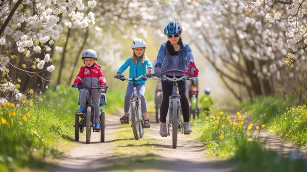 Cyclists relishing natures beauty on bicycles amidst trees and grass AIG41