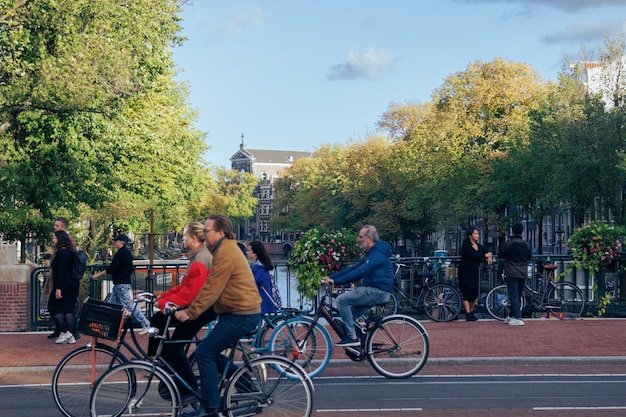 Cyclists ride on the bridge