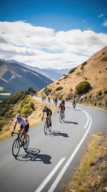 Cyclists riding through a winding mountain road with a beautiful scenic landscape