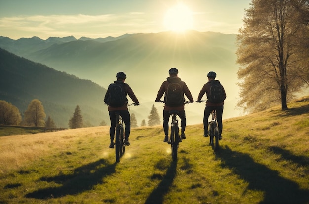 Foto ciclisti sulla strada in montagna al tramonto sport e concetto di vita attiva