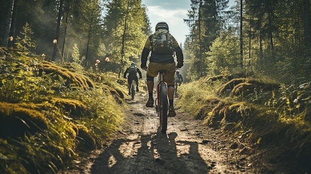 Cyclists in a woodland riding on a path from behind