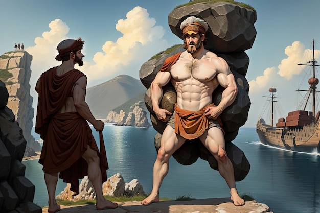 Cyclops from Homer's Odyssey standing on an ancient Greek island clutching a massive boulder ready to hurl at passing ships