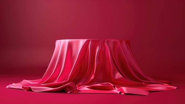 赤い布で覆われた円筒のポディウム 紫色の背景にプレミアム空の布の基盤で製品を展示する