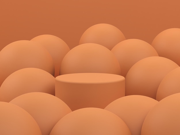 Cylinder podium in ocher colors with abstract spheres in minimal ocher background