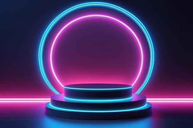 Cylinder podium with blue neon lights on ring background Concept of design for product display