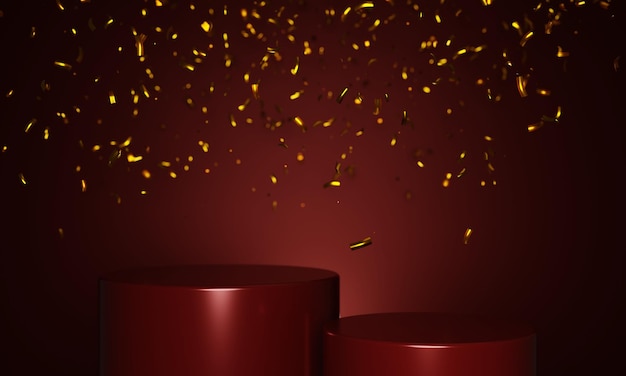 Cylinder podium with gold confetti for product display on 3d rendering