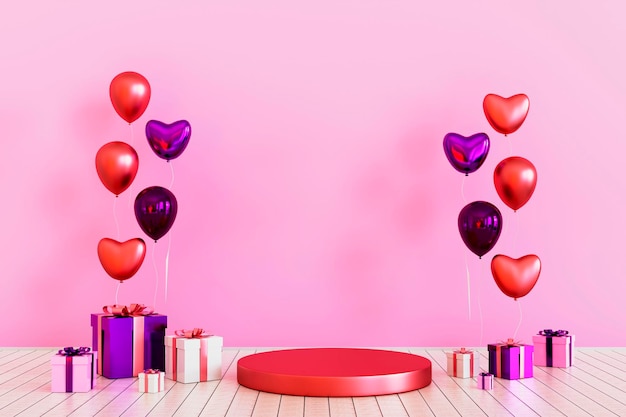 Цилиндрический подиум с сердечками, розовой подарочной коробкой и розовым пьедесталом для воздушных шаров, 3D рендеринг