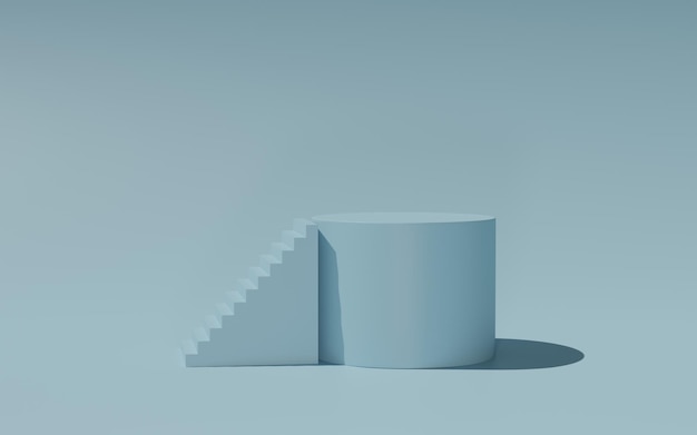 水色の背景に梯子のあるシリンダー表彰台幾何学的な形の抽象的な最小限のシーン化粧品のプレゼンテーションを表示するシーンをモックアップ3dレンダリング3dイラスト