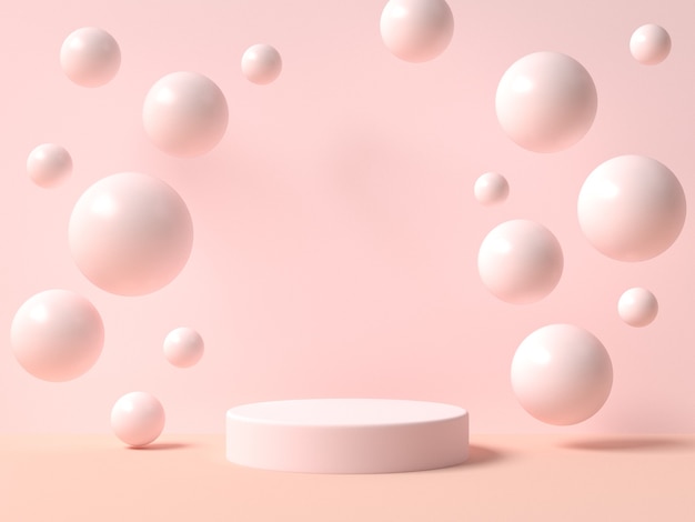 Podio cilindrico nei colori rosa crema con sfere intorno. vetrina, vetrina. rendering 3d.