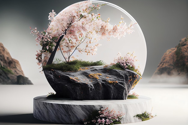 Макет цилиндрических подиумов с веткой нежных цветов сакуры
