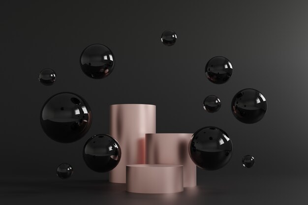 Cylinder podiums rose gold and black bubbles on black