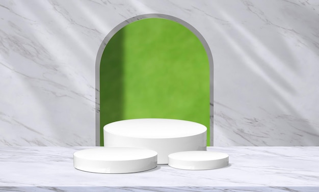 Cylinder Podiums set on white marble Table with shadow on arch partition Background, illustration