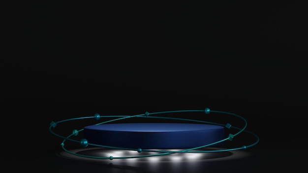 Подиум в форме цилиндра с кольцами частиц вокруг сцены для презентации продукта 3d-рендеринга