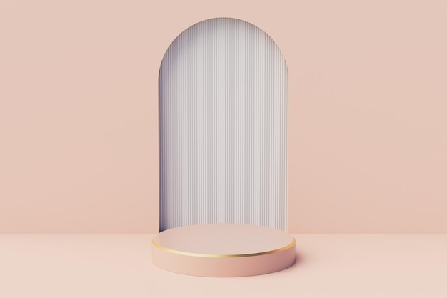 Cylinder shape of product display with arch door backdrop pastel Pink and rose gold color Luxury and minimal concept 3D Rendering