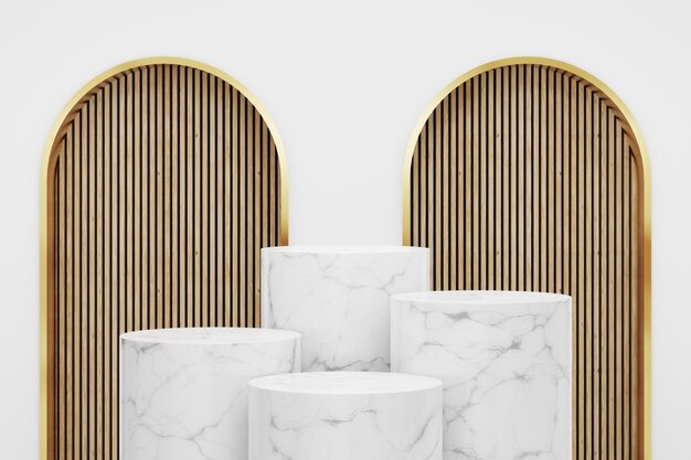 Цилиндрический ступенчатый подиум из белого мрамора с деревянным фоном стены в роскошной студийной сцене