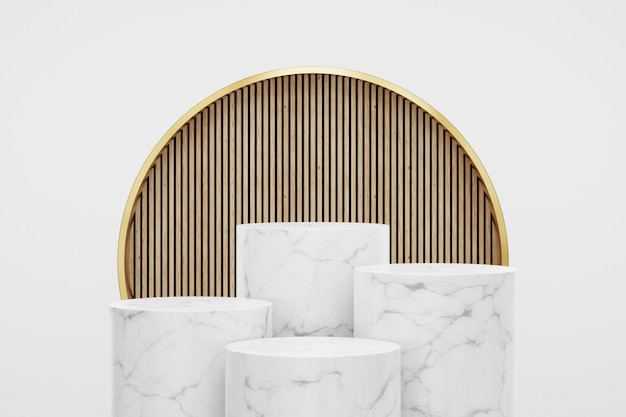 Cylinder step white marble podium with wood feature wall background in luxury studio scene