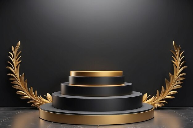 Cylindrical Black and gold luxury podium pedestal product display and gift box background 3d rendering