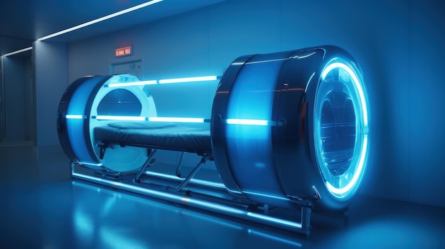 a cylindrical futuristic hyperbaric chamber with a hinged door Generative AI